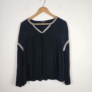 Madewell Peasant‎ Blouse Black Viscose Long-Sleeve Pullover V-Neck Top Medium
